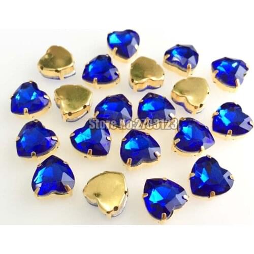 Gold bottom sapphire blue heart shape AAA Glass Crystal sew on claw stones,flatback loose rhinestones diy/Clothing accessories