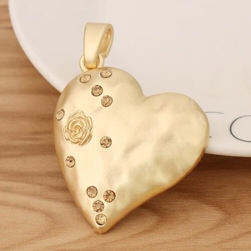 2 Pieces Matte Gold Large Heart Shape & Rose Flower Crystal Rhinestone Charms Pendants for Necklace Jewellery Making