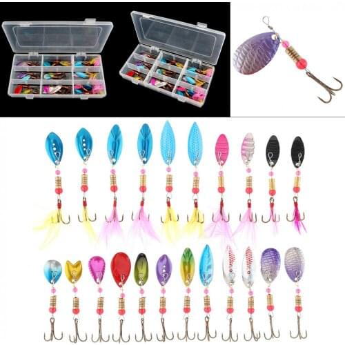 22pcs/lot Metal Spinnerbait Spoon Rotating Fishing Lure Colorful Pattern Catfish Bass Lures with Feather Beads Hooks