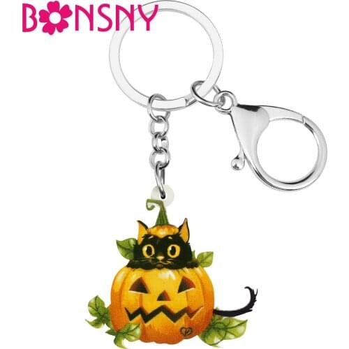 Bonsny Acrylic Halloween Cat Pumpkin Head Keychains Keyring Big Long Trouser Key Chain Jewelry For Women Teen Girls Fashion Gift