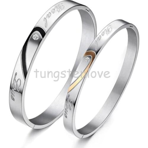 1 piece Couples Bracelets Heart Shape Stainless Steel "Real Love" Engraved Promise Bracelets for Couples with Rhinestone