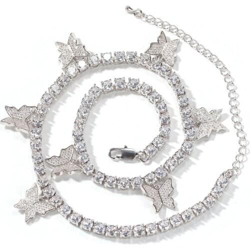Full CZ Hip Hop Iced Out Tennis Chain with 7pcs Butterfly Necklace Cubic Zircon Chain Necklaces for Women Men Jewelry