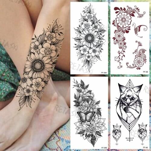 Black Sunflower Temporary Tattoos For Women Adults Realistic Kitten Lace Butterfly Fake Tattoo Sticker Transfer Arm Tatoos Paper