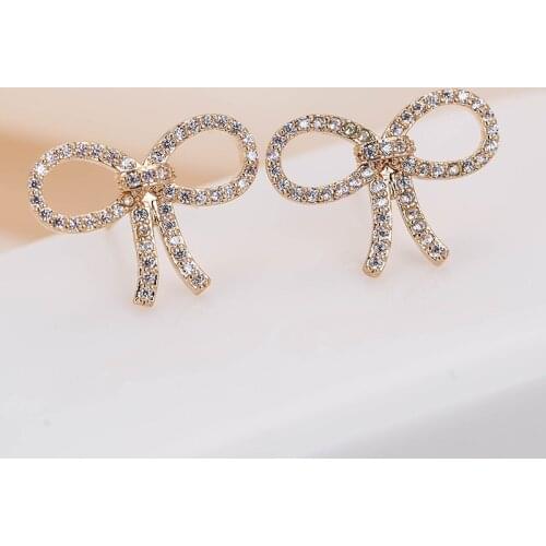 DE291 Fashion Exaggeration Delicacy Zircon Copper Hollow out Bow Ear Stud GIRLS Gift Party Banquet WOMENS Jewelry Earrings