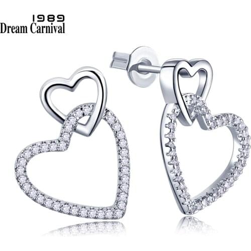 Dreamcarnival1989 Women Stud Earings Cute Hollow Linked Hearts Rhodium-Color Clear White Blinking CZ Paved Boucles d'oreilles