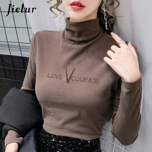 Jielur Black Womens T-shirts Skinny Turtleneck Embroidery Letter Fleece Tee 8 Colors Simple S-XXL Basic T Shirt Full Sleeve