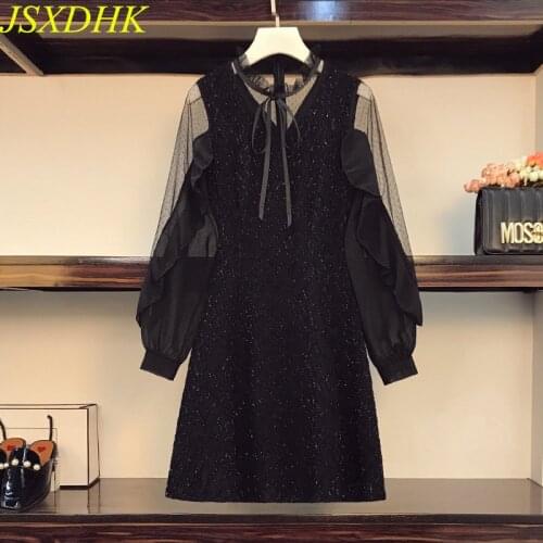 JSXDHK 2021 Autumn Plus Size Dress Fashion Women Chiffon Ruffles Patchwork Mesh Bow Ladies Black Plaid Tweed Mini Dress Vestidos