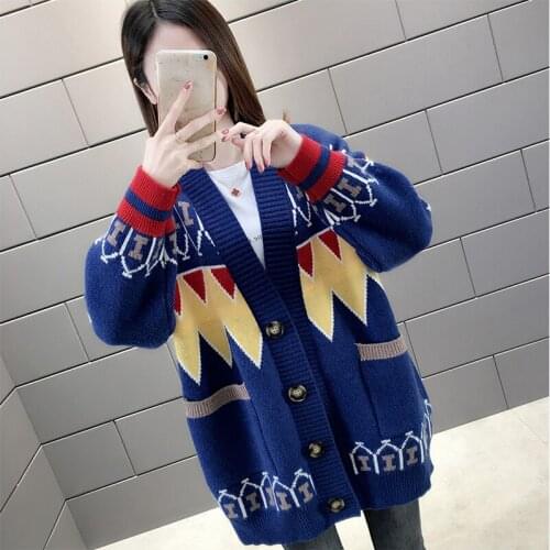 Autumn and winter jacket ladies 2021 trendy sweater Korean version of loose long-sleeved v-neck printed knitted cardigan women