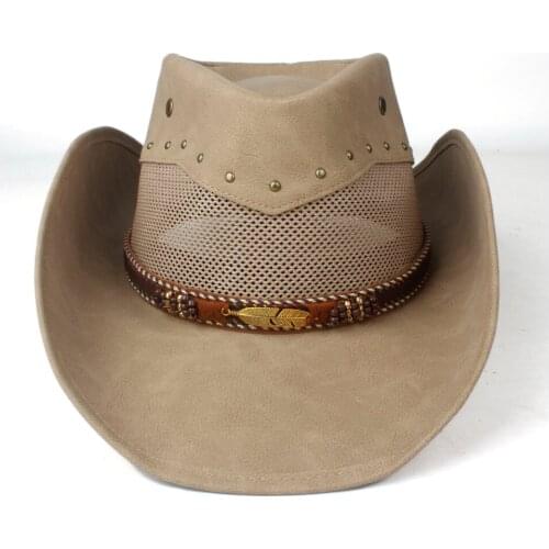 Summer Men Women Mesh Leather Western Cowboy Hat Wide Brim Hat Outdoor Sombrero Hombre Cowgirl Hat Jazz Hat