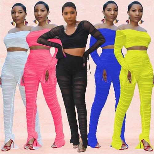 Adogirl Autumn Sheer Mesh Two Pieces Set Long Sleeve Backless Crop Top + Long Pants Bandage Party Night Clubwear Tracksuit