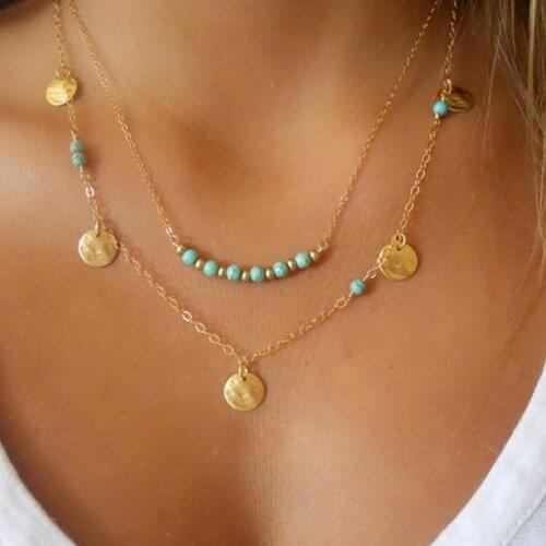 Trendy Multi-layered Round Sequins Turquoise Pendant Necklace Womens Fashion Clavicle Chain Necklaces Collares Jewelry
