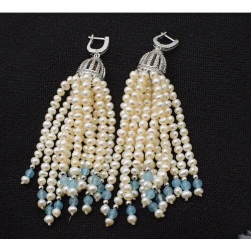 Freshwater pearl white near round 3-5mm and green jaspertassel drop earrings hook FPPJ wholesale