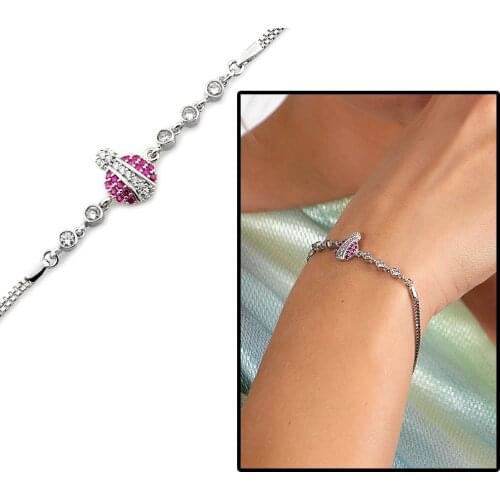 Tesbihane Fuchsia Zircon Cubic Zirconia Ladybug Design 925 Sterling Silver Women Bracelet