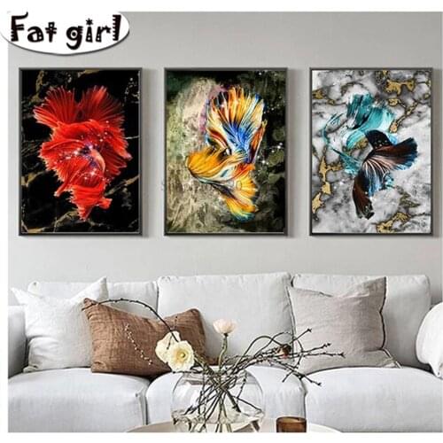 Triptych Animal 5D Diamond Painting Chinese Good Luck Koi Cross Stitch Kits Embroidery Decoration Mosaic Full Square Round Drill