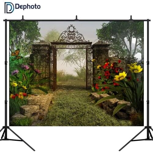 DePhoto Vinyl Photography Background Fairy Tale door Butterfly flowers Computed Printed Children Backdrops for Photo Studio