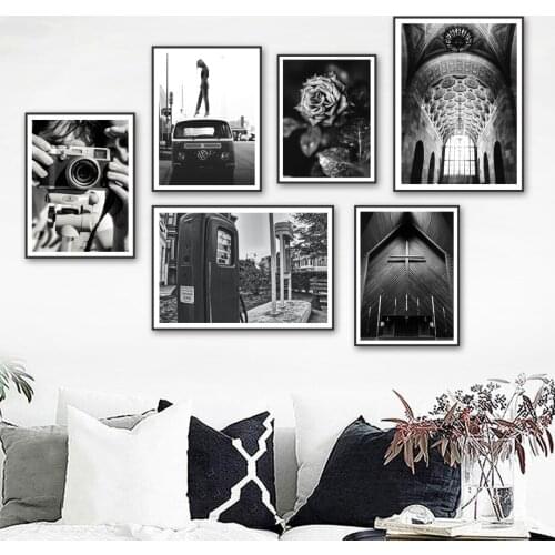Vintage Telephone Booth Car Black White Wall Art Canvas Painting Nordic Posters And Prints Wall Pictures For Living Room Decor