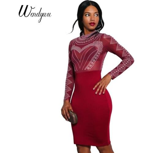 Wendywu New Sexy O-Neck Mesh Patchwork Diamonds Long Sleeve Red Knee-Length Pencil Dress