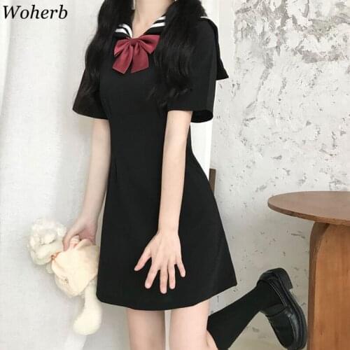 Woherb 2021 Summer Kawaii Dress Women Japanese Korean Sailor Collar Lolita Dresses Girls Sweet Cosplay A-Line Vestidos Mujer