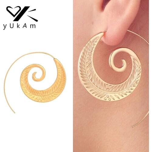 YUKAM New Punk Big Exaggerated Spiral Earrings Boho Circle Creole Hoop Earrings Gold Swirl Leaves Earrings for Women Ear Jewelry