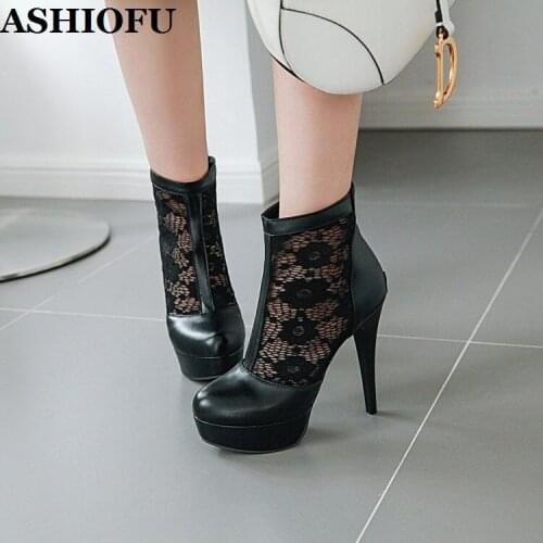ASHIOFU 2020 Hot Sale Ladies High Heels Platform Boots Lace Air-mesh Party Prom Ankle Booties Sexy Evening Black Fashion Boots