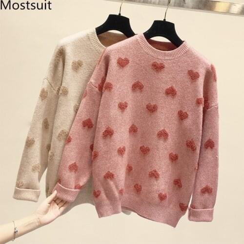 2019 Autumn Knitted Heart Sweaters Tops Women Long Sleeve O-neck Loose Fashion Casual Korean Ladies Pullovers Sweaters Femme