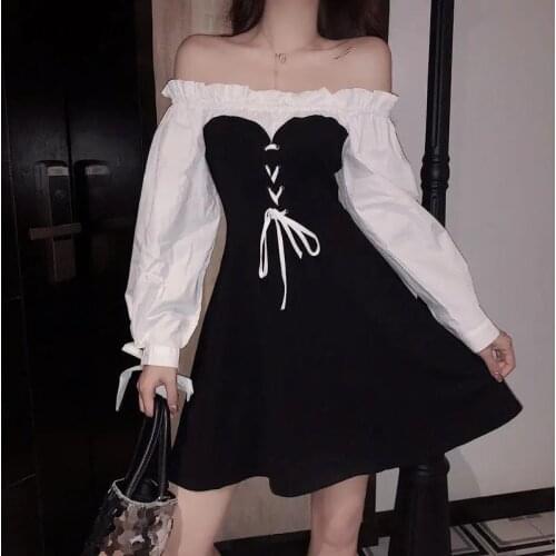 Women Slash Neck Ruffles Gohitc Mini Dress 2021 Lady Black White Plus Size Lace-up Lantern Sleeve Empire Party Dresses 4XL
