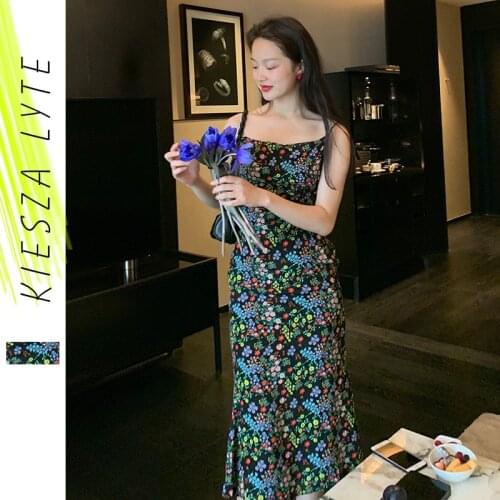 French Vintage Black Floral Printed Dress 2021 Summer Evening Party Split Slim Waist Dresses For Women Vestidos