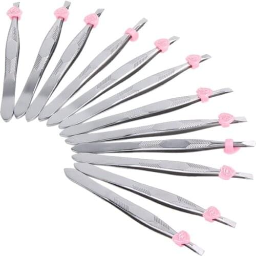 12Pcs/Set Stainless Steel Slanted Eyebrow Tweezers Face Hair Removal Clip Makeup Tool Ladies Cosmetics Beauty