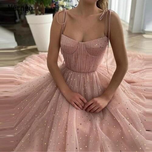 2021 Gold Stars Dusty Pink Tulle Prom Dresses Spaghetti Straps With Ties Bow Pockets Ruched Long Evening Party Gowns