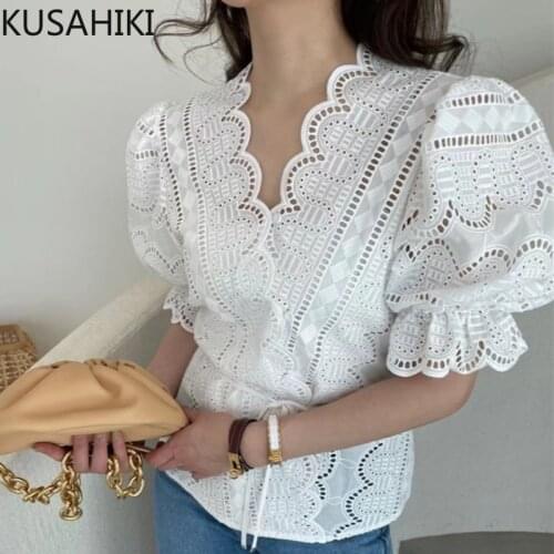 KUSAHIKI Chic Hook Hollow-out Blouse Lace Up Slim Waist Short Shirt Summer Korean Elegant Puff Sleeve V-neck Tops 2021 New 6K484