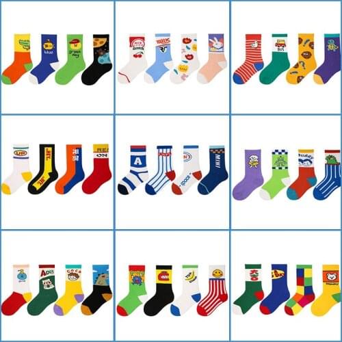 Childrens Socks Summer Fashion Socks Illustration Wind Letters Boys and Girls Autumn Korean Style Kids Spring 4 Pairs/Batch