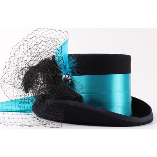 Handwork 4 Size Black Wool Women Steampunk Fedora Top Hat Lady Mesh Traditional Beaver Party WeddingTop Hat 15CM