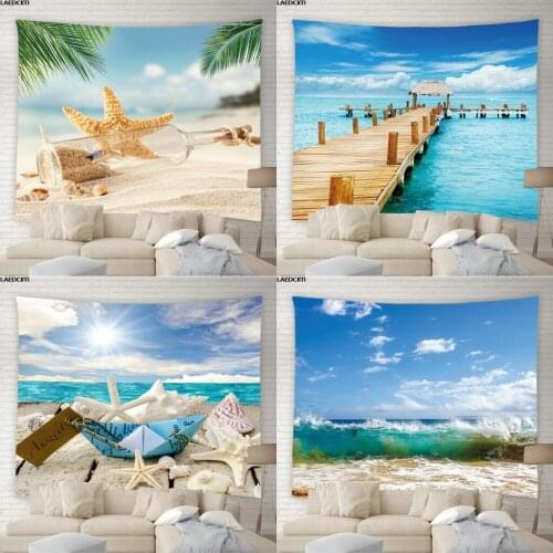 Ocean Scenery Tapestry Starfish Shell Beach Waves Palm Tree 3D Background Wall Hanging Home Decor Living Room Bedroom Curtain
