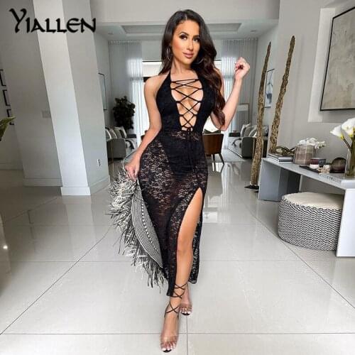 Yiallen Summer Lace Patchwork Halter Midi Dress See Through Lace Up Hollow Out Slit Bodycon Sexy Streetwear Party Club 2021 New