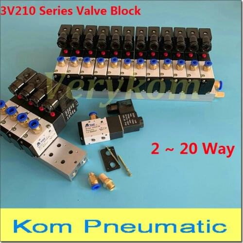 Multi 2 ~ 20 Row 3V210-08 Electromagnetic Solenoid Valve Block With Muffler Fitting Base Manifold DC 12v 24v AC 110v 220v 3 port
