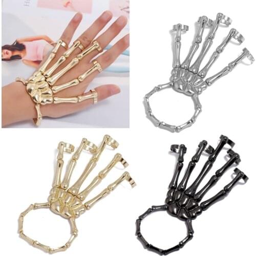 N7MF Gothic Skull Bracelet With Ring Exaggerated Skeleton Bracelet Punk Ghost Claw