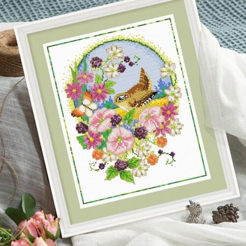 DIY handmade cross stitch complete kit including printed canvas and needle Birds and seasonal flowers landscape pattern