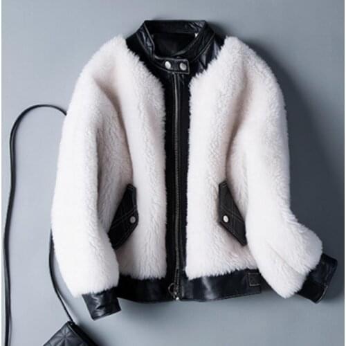 Winter new sheep shearing faux fur coat female short lamb hair jackets particles anti-season pu leather stitching wool coat F203