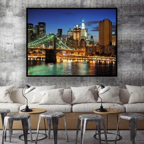 Modern Art New York Night view poster printed wall art Brooklyn Bridge home decoration living room bedroom