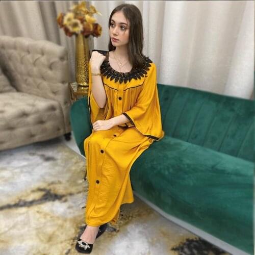 Maxi Dress for Women Plus Size Eid Lace Loose Abaya Muslim Long Sleeve Arabic Oman Islamic Dubai Ethnic Middle East Clothing