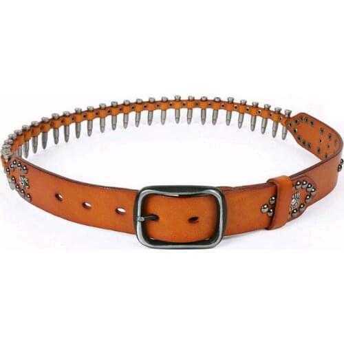 Unisex Vintage Cowhide Genuine Leather Bullets Decorative Belts Square Pin Buckle Casual Waistband for Jeans Cinturones Hombre