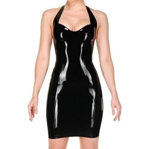 Sexy Women Black Latex Rubber Suspender Skirt Dress Female Clubwear Exotic Tight Halter Dress Customize