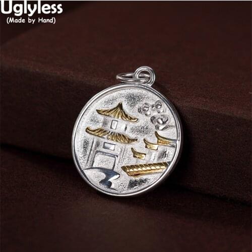 Uglyless China Chic Jiangnan Water Town Building Pendants Necklaces No Chains Vintage 925 Thai Silver Medal Necklaces 925 Silver