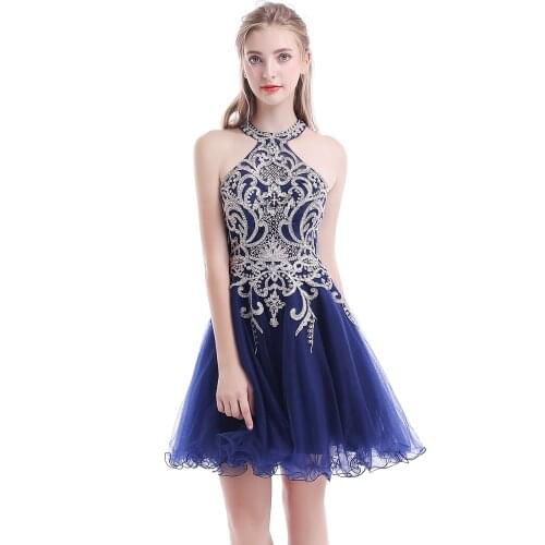 A-Line Short Tulle Homecoming Dresses Halter With Beadings Flower Mini Prom Gowns Zipper Up Gradutions Dress
