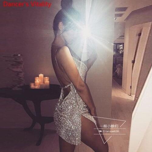 Western Nightclub Bar Hot Sale Low-cut Backless Show Deep-v Metal Net Rhinestone Gold Silver Dress Pole Jazz Clothes Outfits Sui