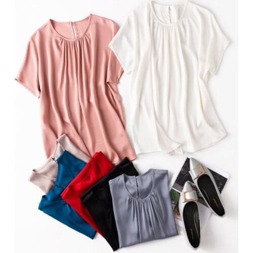 Women Summer 93% Silk Blouse Short Sleeve Casual Elegant Multi-color Natural silk blouses Solid real silk shirt tops