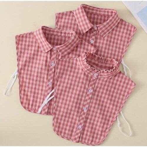 Womens Detachable Fake False Collar Pink Color Plaid Check Half Shirt Blouse Adjust Clothes Accessories