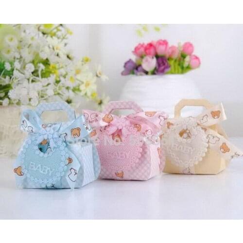12pcs Bear Shape DIY Paper Gift Box Christening Baby Shower Party Favor Boxes Paper Candy Box with Bib Tags & Ribbons