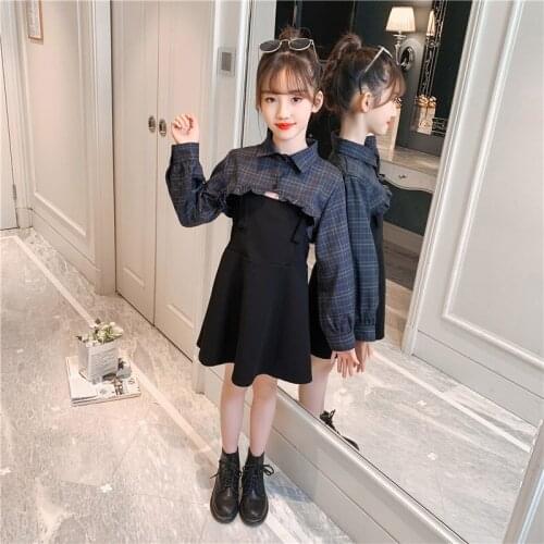2021 Fashionable Teen Girls Clothes Two-Piece Sets Short Plaid Shirt And Suspender Dress Adjustable Fashion 4-14Years Kids Suits