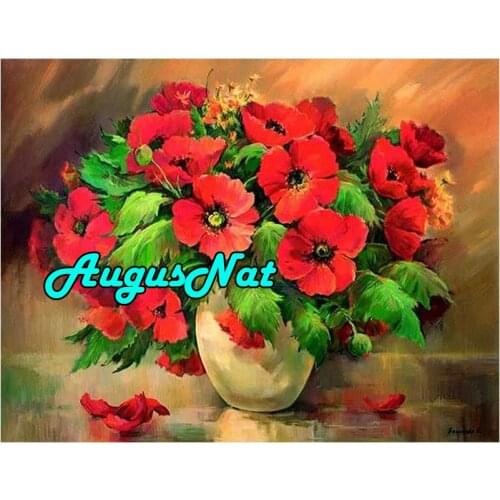 5d full round diamond painting poppy diamant embroidery flowers vase canvas painting red floral oil paint by numbers large size
